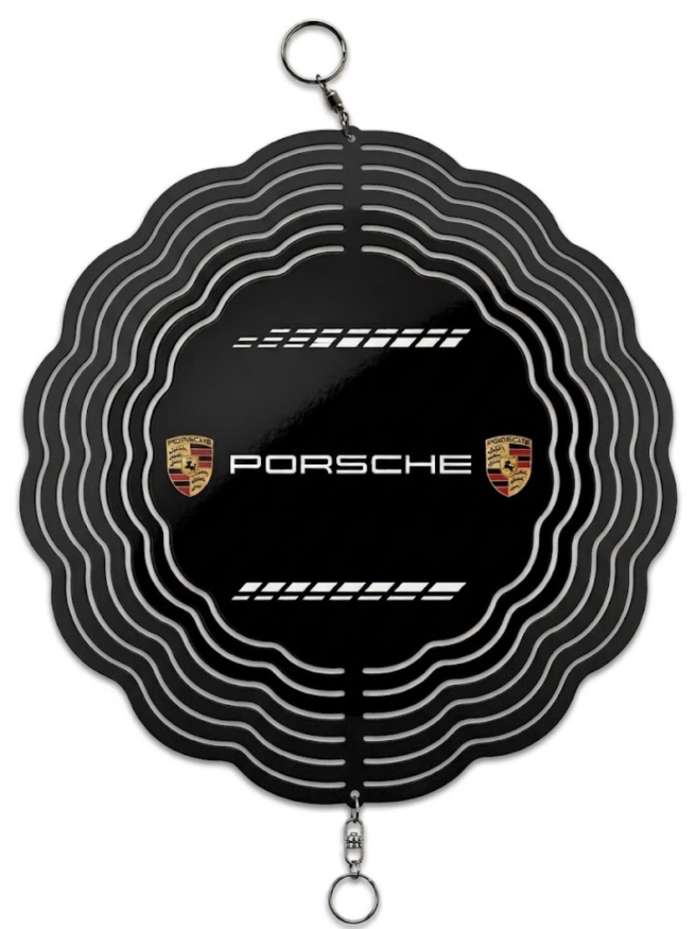 10" Porsche Logo Crest Kinetic Wind Spinner - Black Metal Hanging Yard Decor
